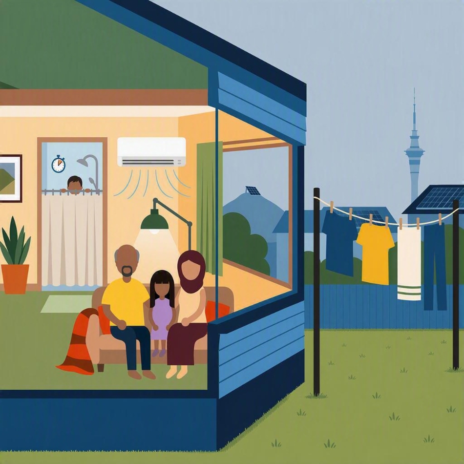 Illustration cross-section of a home showing a family on a couch under a heat pump, with laundry drying outside in front of the Sky Tower.