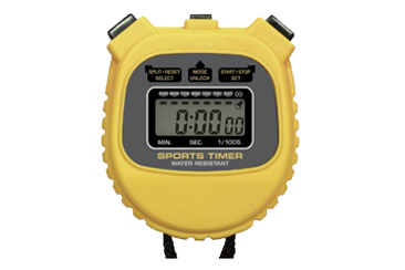 A yellow digital sports stopwatch with the timer display resetting to zero.
