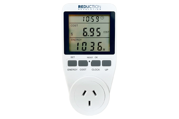 A plug-in digital power meter showing an energy usage reading of 1036 watts.